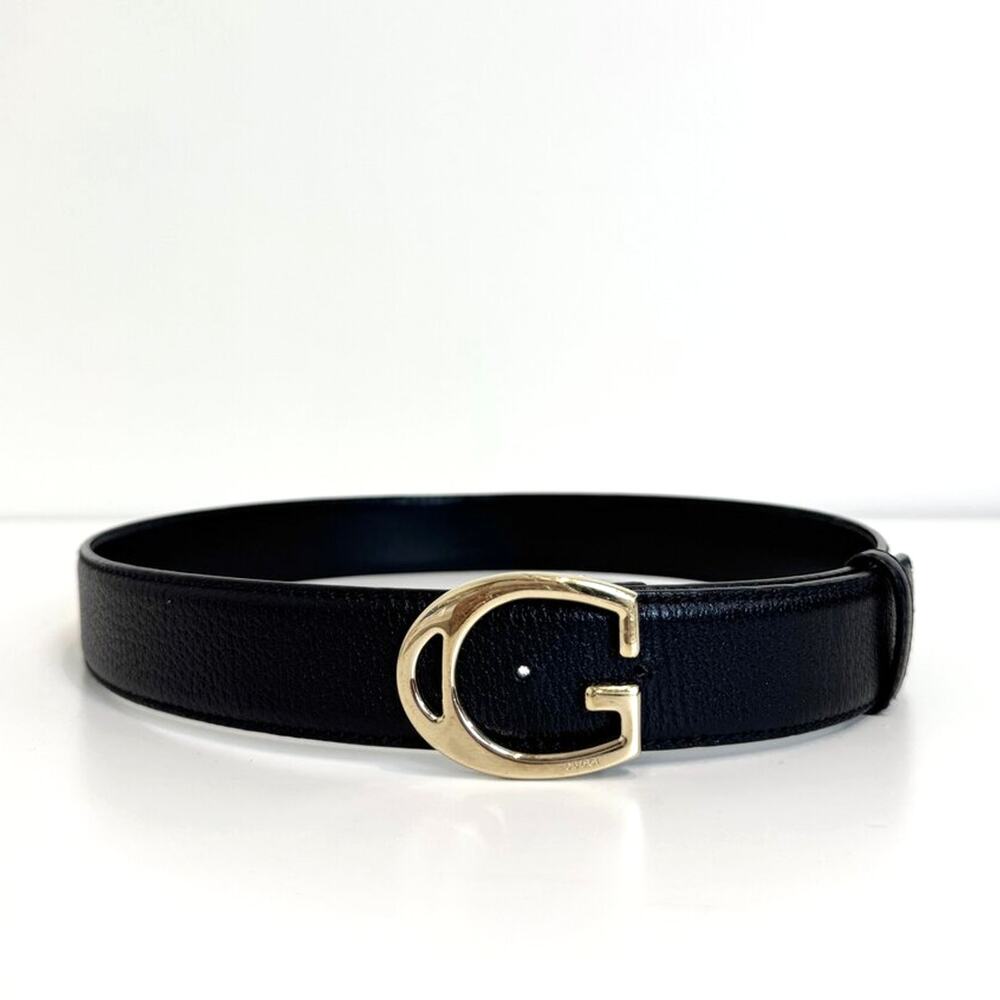 GUCCI Black Grained Leather Single G Gold Logo Buckle Belt 80 32 Italian